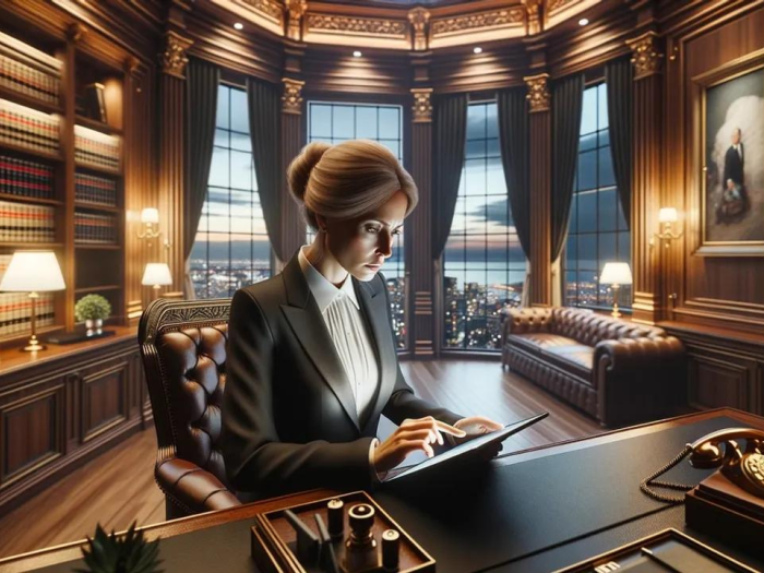 An AI-illustrated graphic of a woman on an iPad