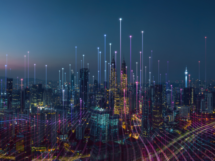 A skyline with animated lines coming from the top