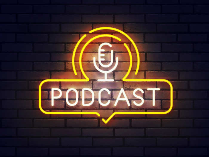 Podcast neon sign, bright signboard, light banner. Podcast logo neon, emblem and label. Vector illustration