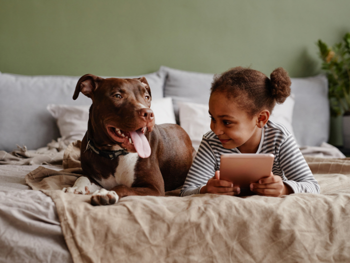 Front view portrait of cute African-American girl lying on bed with big pet dog and smiling, copy space