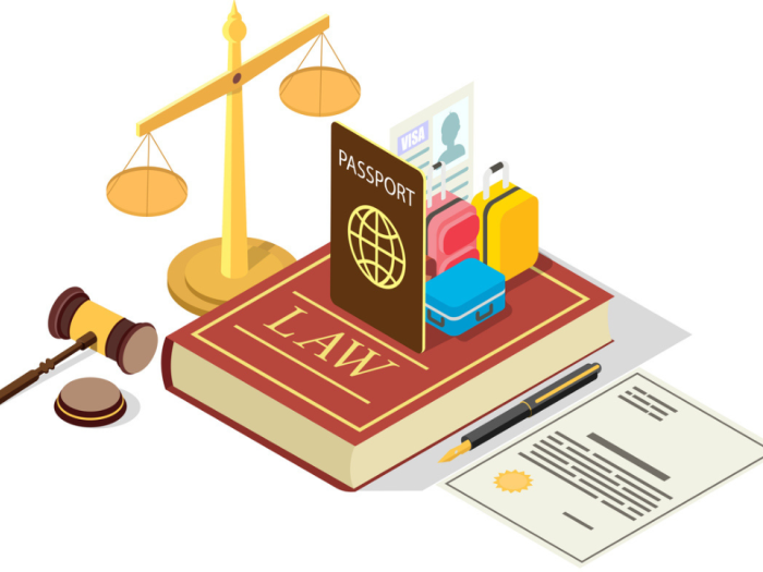 Immigration law vector concept illustration. Legal symbols Law book with passport, visa, suitcases, scales of justice, judge gavel, agreement. Isometric composition for web banner, website page, etc.