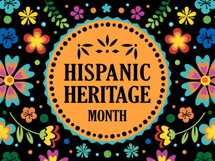 Hispanic Heritage month header. Colorful flowers surround the title.