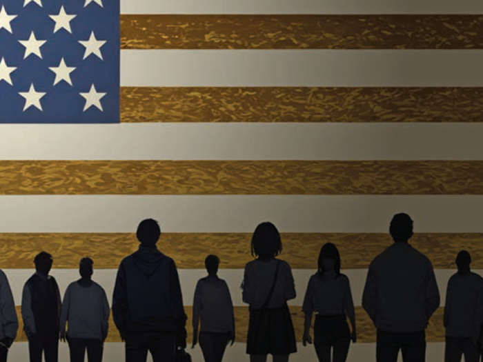 Illustration of people with an American flag in the background