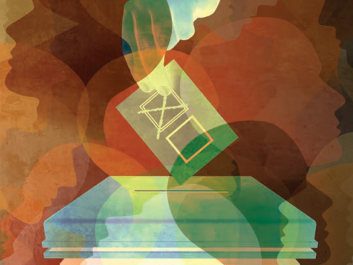 Illustration of a hand submitting a ballot into a box.