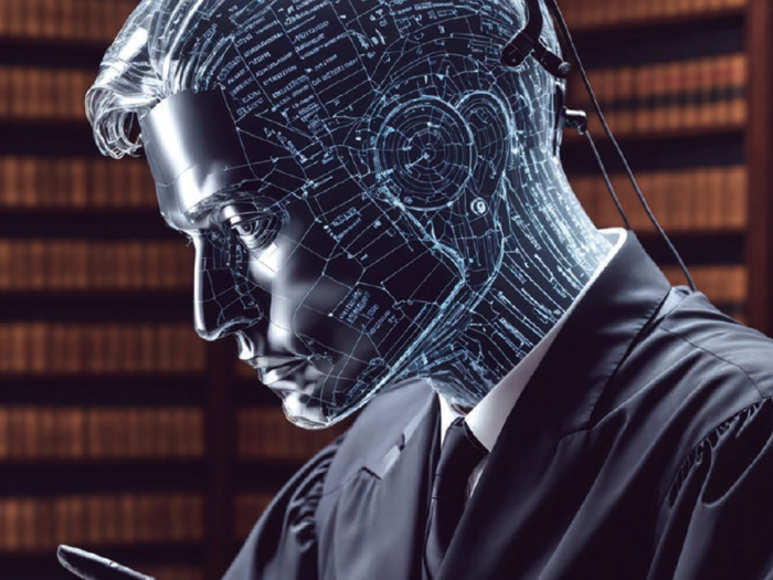 Digital graphic of a robot in a judge's robe.