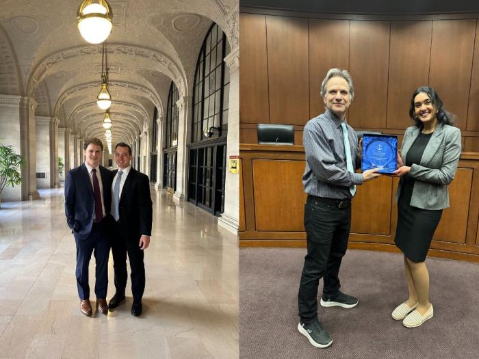On left, Cordell Cambell and Jack Frye, pose after winning the Mardi Gras Moot Court competition in New Orleans. On Right, Arpitha Gorur poses with her award after the 2025 Texas Young Lawyers Competition.