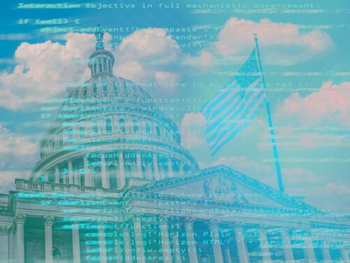 The US Capitol with coding written on it.