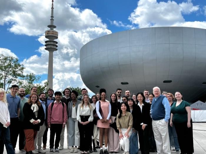 GW Law students pose for a photo outside the BMW headquarters in Munich, Germany.