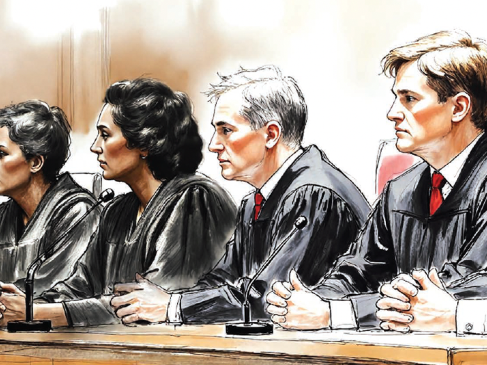 Graphic illustration of judges sitting at a table
