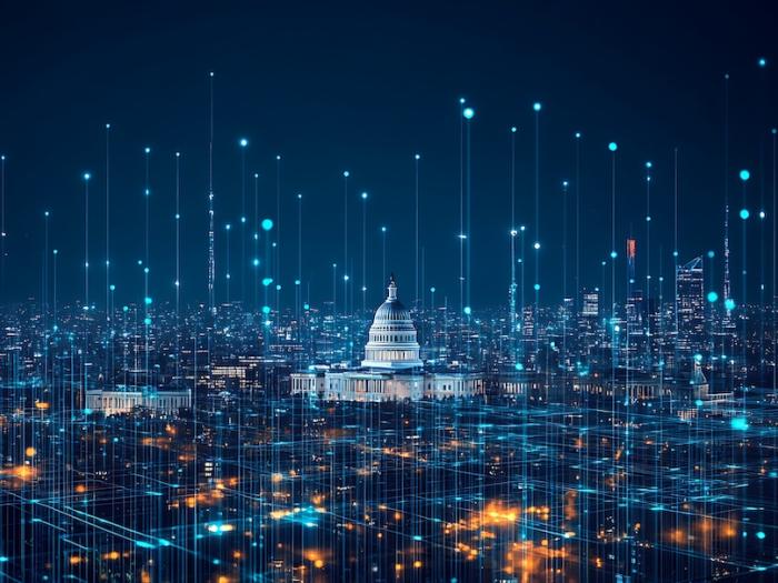 An illustration of the US capitol building surrounded by lights resembling a motor board