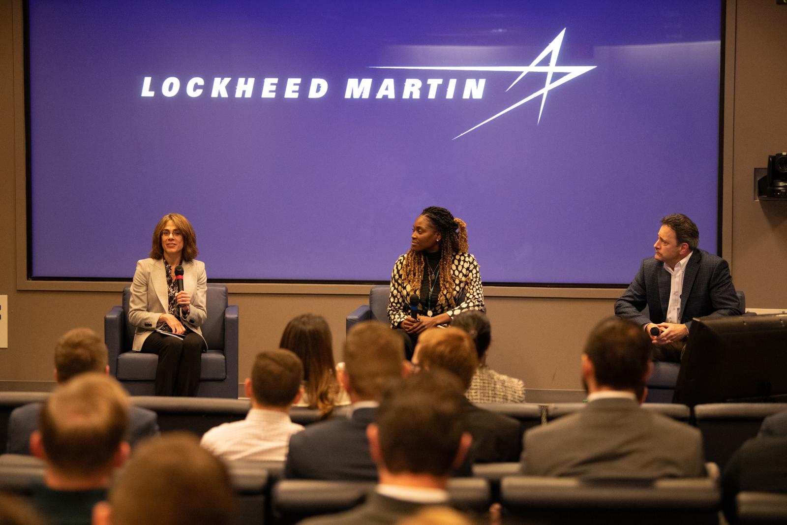 Beth Kramer, Danielle Hart, and Rob Spencer speak to students