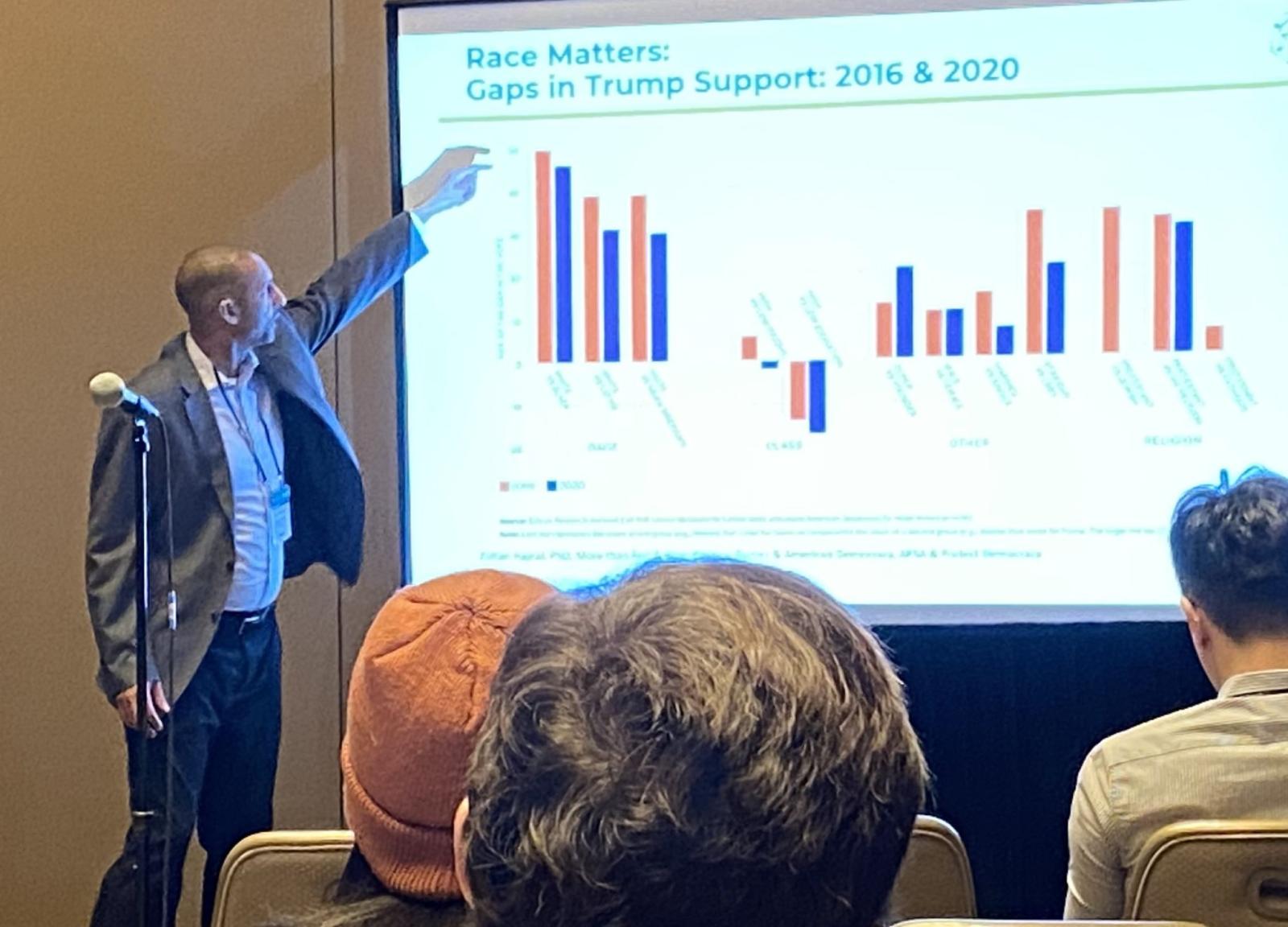 Spencer Overton presenting bar graphs on a screen