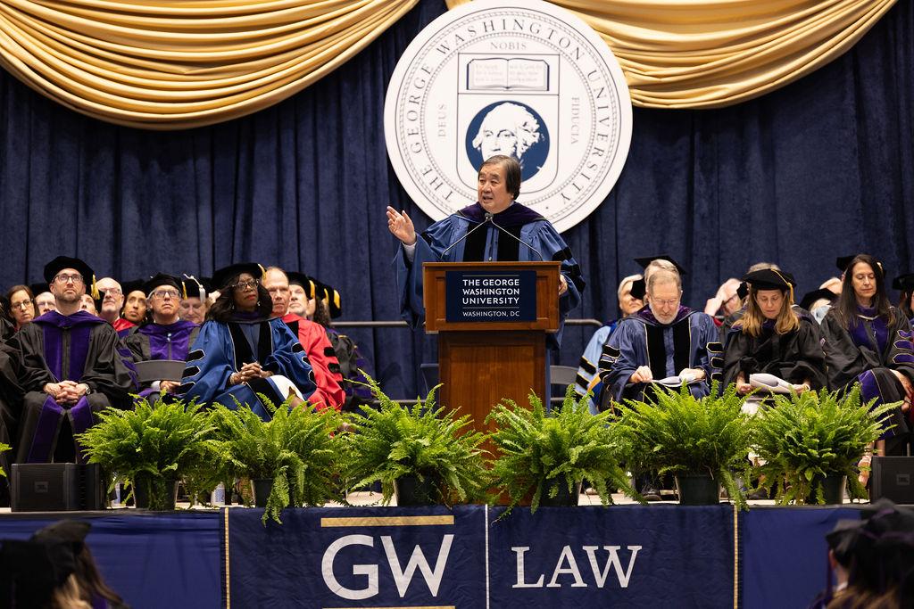 GW Law commencement keynote speaker Harold Hongju Koh delivers his address at the 2025 commencement ceremony.