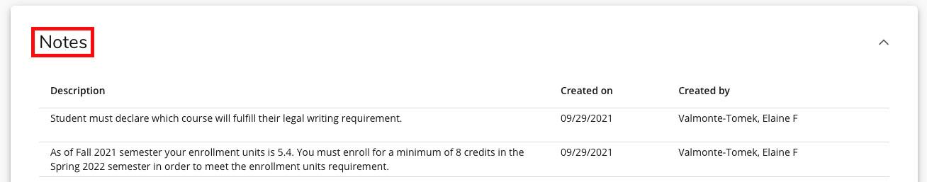 The first line of the image is the word “notes” inside a red rectangle. The next line consists the three chart headings: description, create it on, created by. The first-row description reads “student must declare which course will fulfill their legal requirement.” Created on September 29th, 2021 by Valmonte-Tomek, Elaine F. The first-row description reads “as a fall 2021 semester your enrollment unit is 5.4. You must enroll for a minimum of eight credits in the spring 2022 semester in order to m