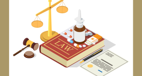 An illustration of a law book with a gavel and scales of justice on the side with medicine on top of the book.