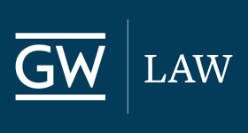 white GW Law logo on a blue background