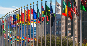 flags of various countries on poles in a city setting