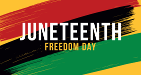 Yellow background with red, black and green paint stripes with the text Juneteenth Freedom Day