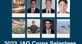 A photo collage featuring an exterior GW Law sign, Grady Stevens, Hunter Evans, and Tei Kim on the first row. The second row is of the Army salute,  Luke Schlobohm, Austin Newman, and a fighter jet flying. 2023 JAG Corps Selectees