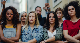 Portrait of group of people activists protesting on streets, women march and demonstration concept.