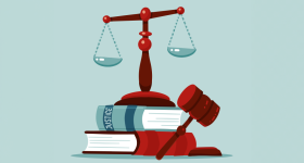 Justice scales and wooden judge gavel concept. Law hammer sign with books of laws. Legal law and auction symbol. 