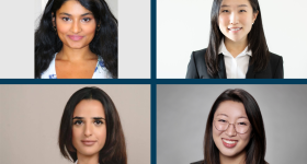 Photo with 4 headshots: (L-R) Health Rights Law Clinic Student Attorneys Akshara Anirjita (Class of ‘25), Clare Choi (Class of ‘24), Kaitlin Lee (Class of ‘24), and Hanadi Chidiac (Class of ‘24).