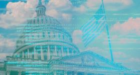The US Capitol with coding written on it.