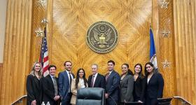 GW Law students in the Access to Justice-Prisoner Rights Division Clinic pose at the Aberdeen VA court house after participating in a trial.