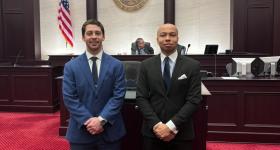 Trey Donathan and Will Shorter pose for a photo at the Giles Rich Intellectual Property Moot Court Competition.