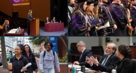 A collage of four images. Top left: A woman arguing during the Van Vleck Moot Court competition. Top right: GW Law graduates in their caps and gowns. Bottom Left: GW Law students walking on campus. Bottom Right: GW Law Associate Dean Alan Morrison speaking on a panel. 